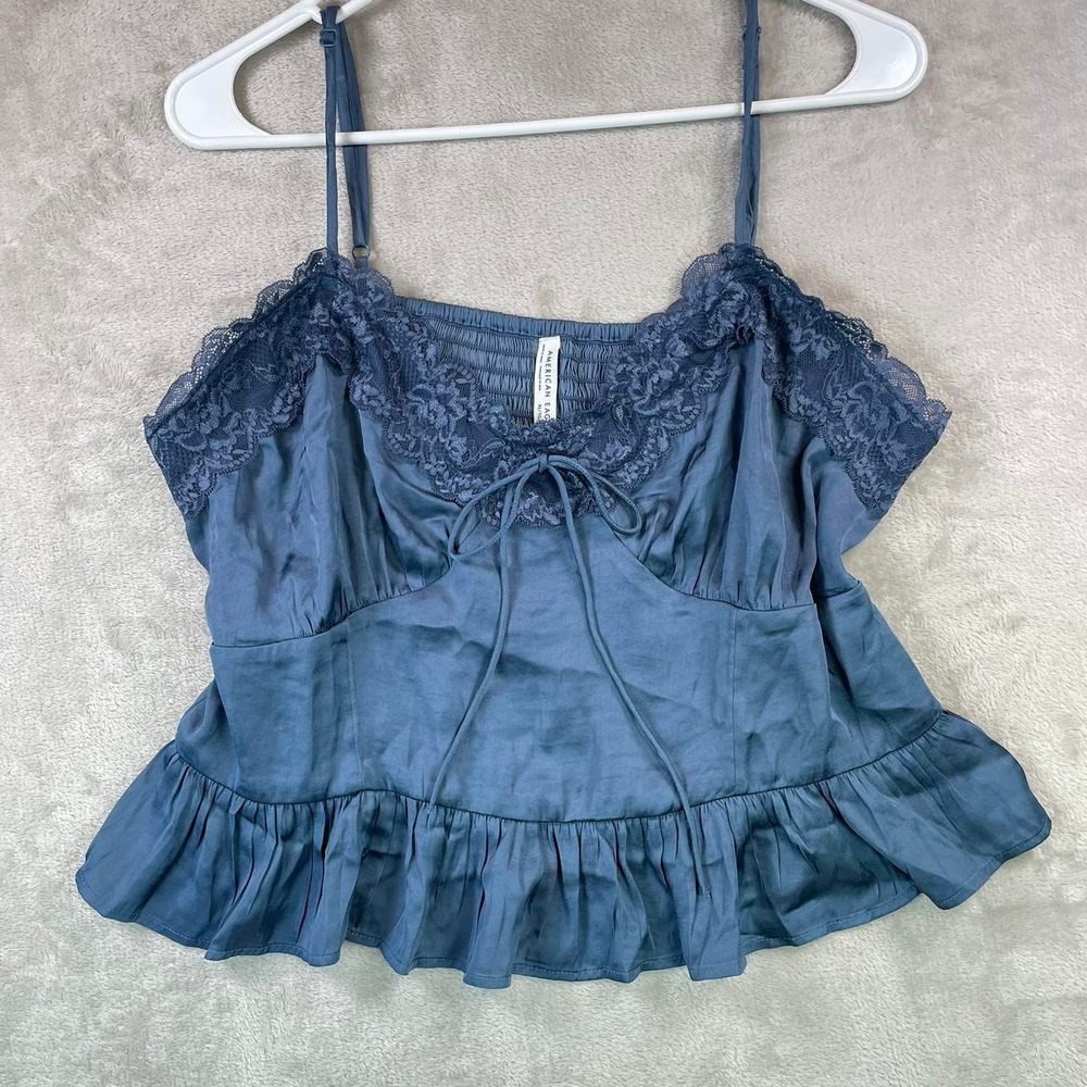 American Eagle Outfitters blue lace‎ cami top XL ruffled hem adjustable straps